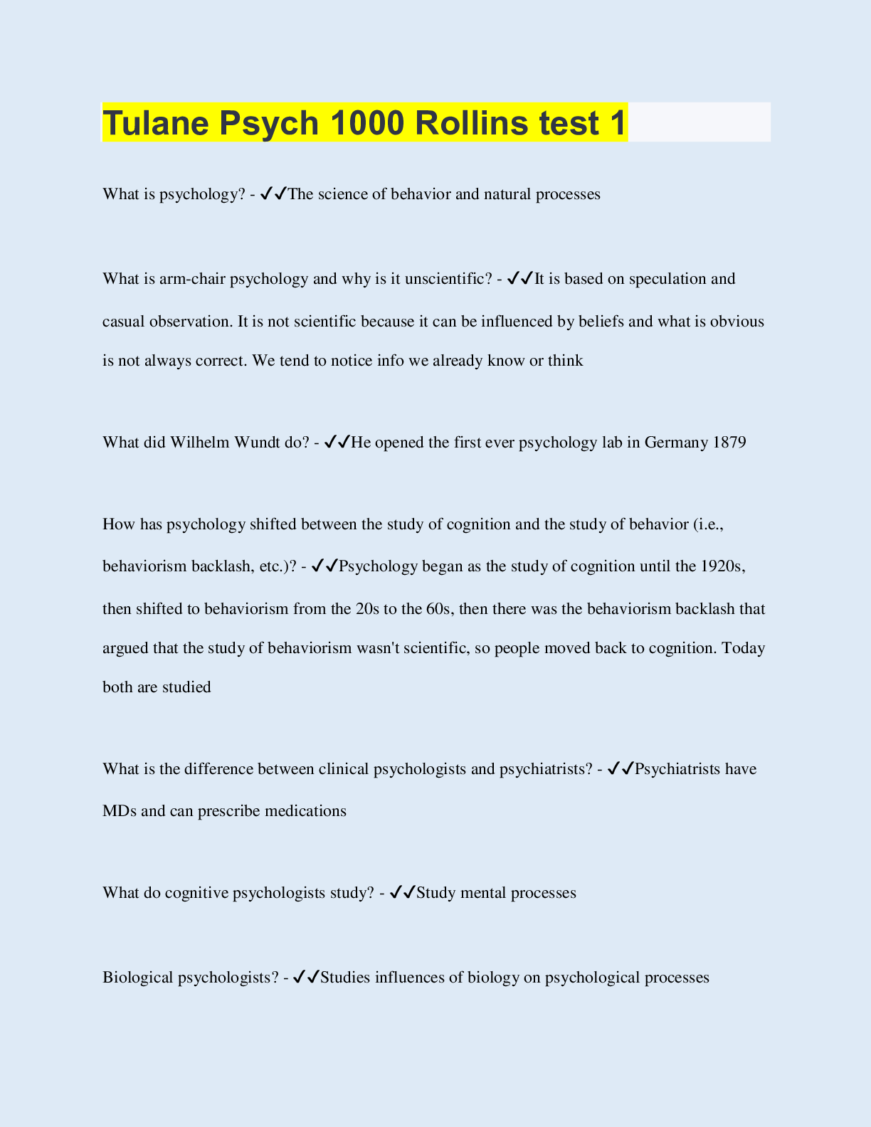 Preview of Tulane Psych 1000 Rollins test 1  |  130 Questions with 100% Correct Answers | Updated 202